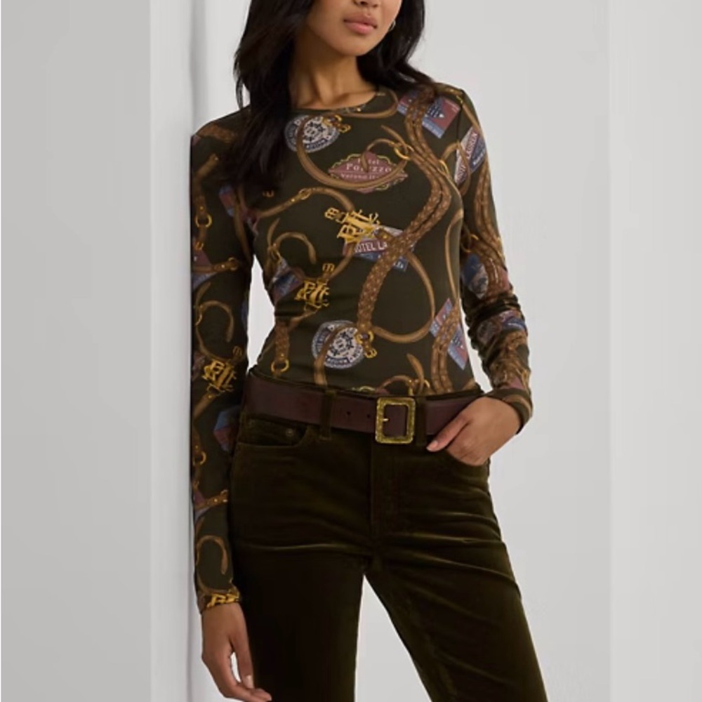 Ralph Lauren Belting-Print Cotton Long-Sleeve Tee